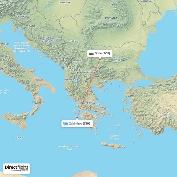 Sofia - Zakinthos direct flight map