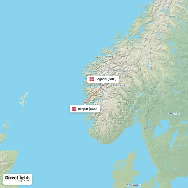 Sogndal - Bergen direct flight map