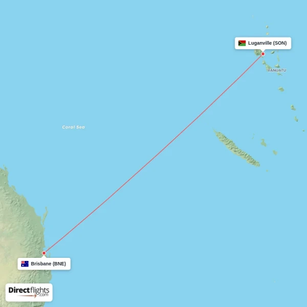Luganville - Brisbane direct flight map