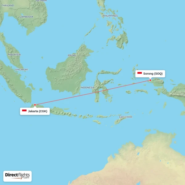 Sorong - Jakarta direct flight map