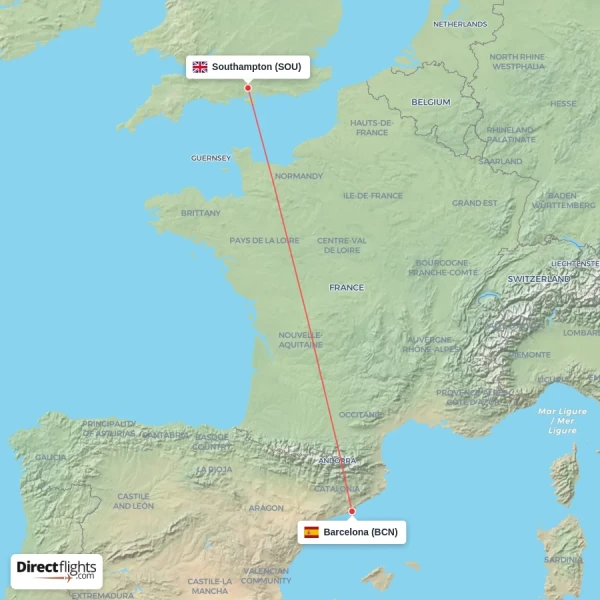 Southampton - Barcelona direct flight map