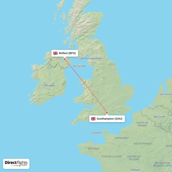 Southampton - Belfast direct flight map