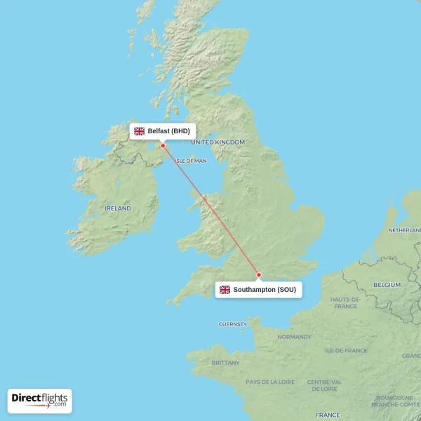 Southampton - Belfast direct flight map