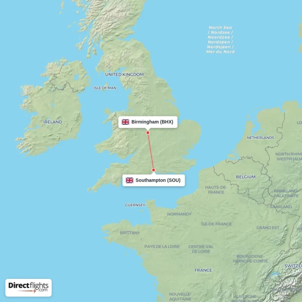 Southampton - Birmingham direct flight map