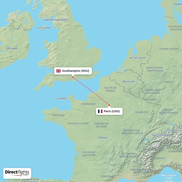 Southampton - Paris direct flight map