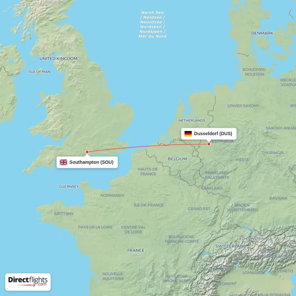 Southampton - Dusseldorf direct flight map