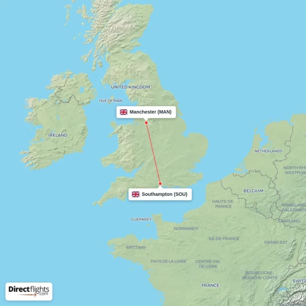 Southampton - Manchester direct flight map