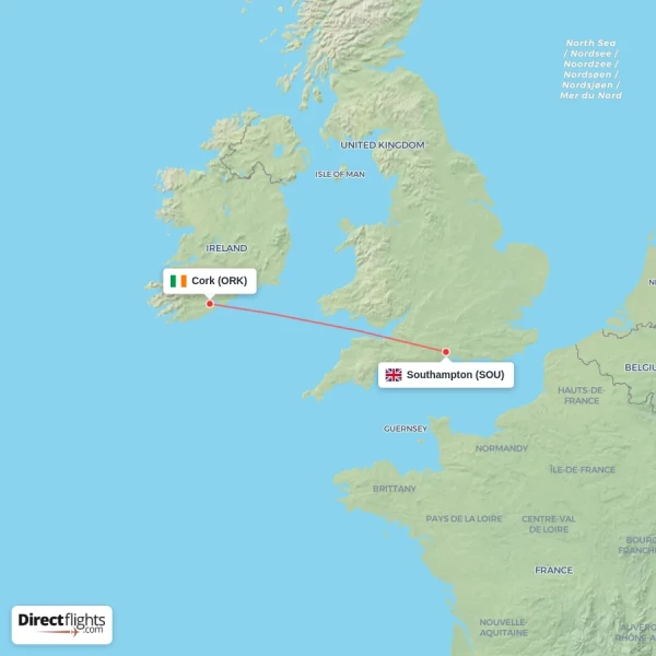 Southampton - Cork direct flight map