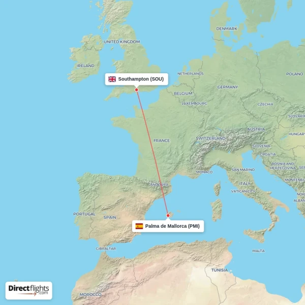 Southampton - Palma de Mallorca direct flight map