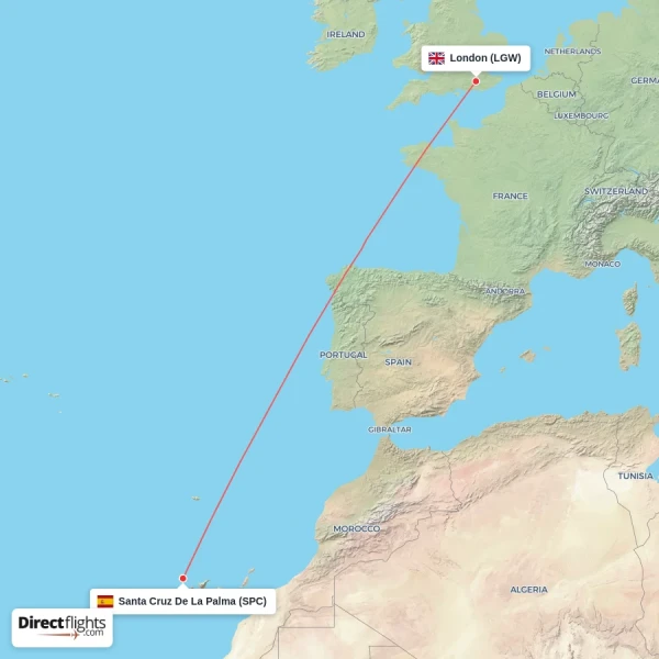 Santa Cruz De La Palma - London direct flight map
