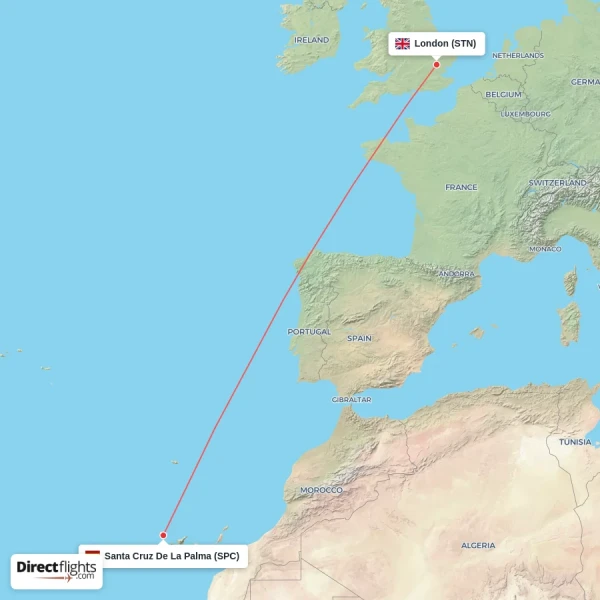 Santa Cruz De La Palma - London direct flight map