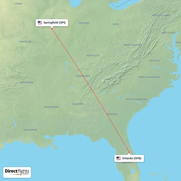 Springfield - Orlando direct flight map
