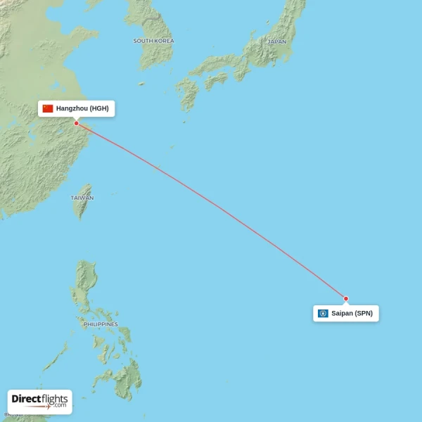 Saipan - Hangzhou direct flight map