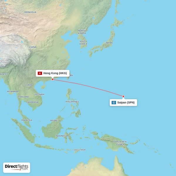 Saipan - Hong Kong direct flight map