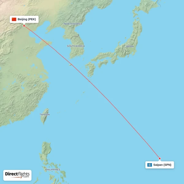 Saipan - Beijing direct flight map
