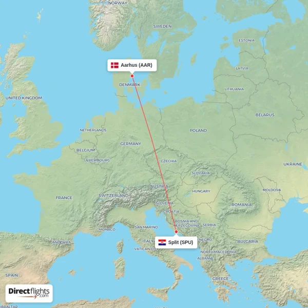 Split - Aarhus direct flight map