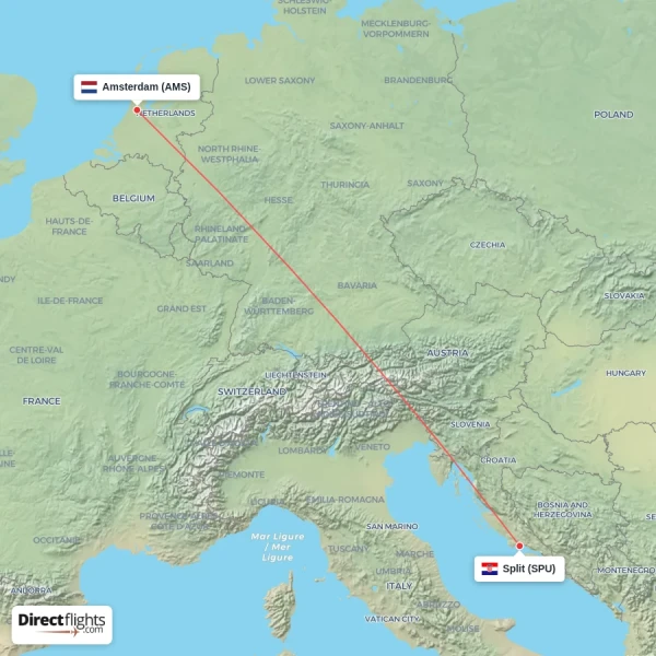 Split - Amsterdam direct flight map