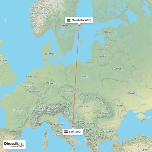 Split - Stockholm direct flight map