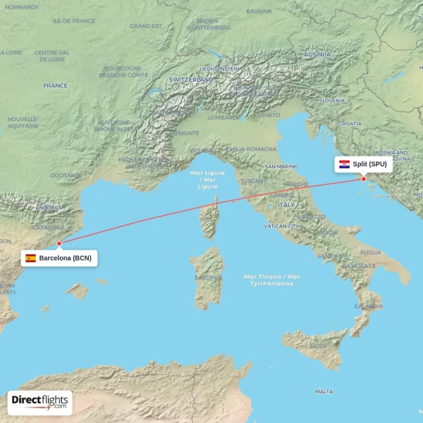 Split - Barcelona direct flight map