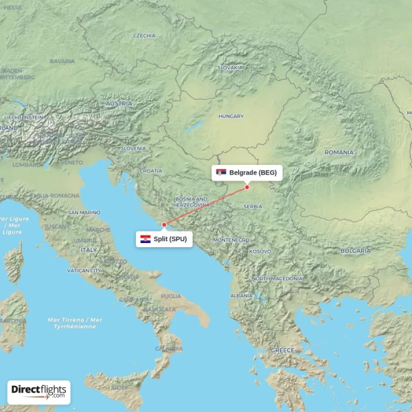 Split - Belgrade direct flight map