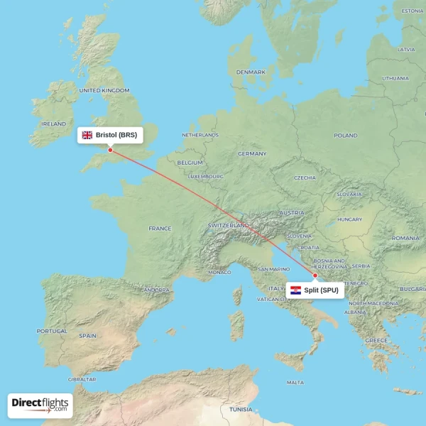 Split - Bristol direct flight map