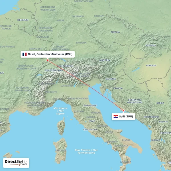 Split - Basel, Switzerland/Mulhouse direct flight map