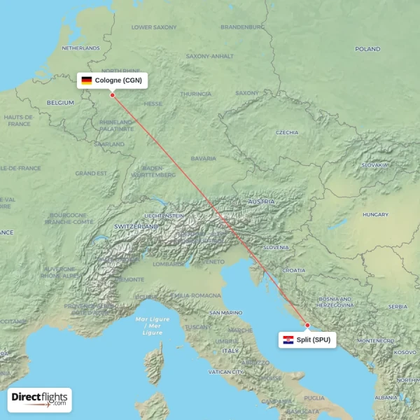 Split - Cologne direct flight map