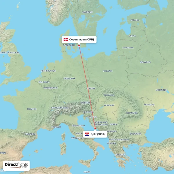 Split - Copenhagen direct flight map