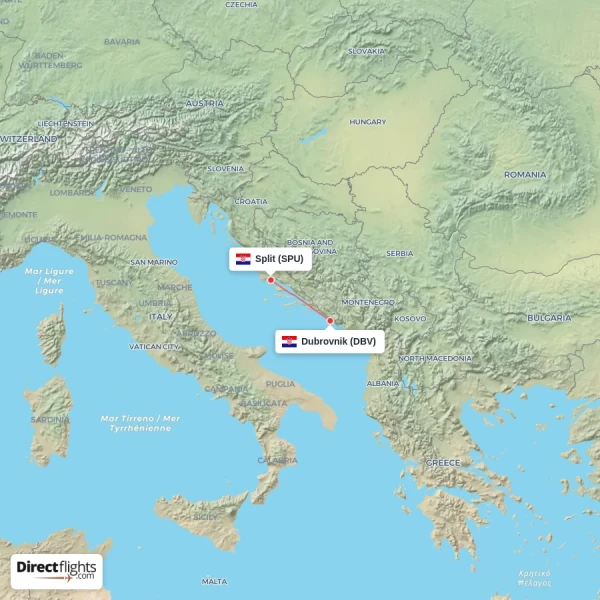 Split - Dubrovnik direct flight map