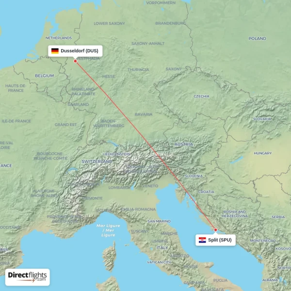 Split - Dusseldorf direct flight map