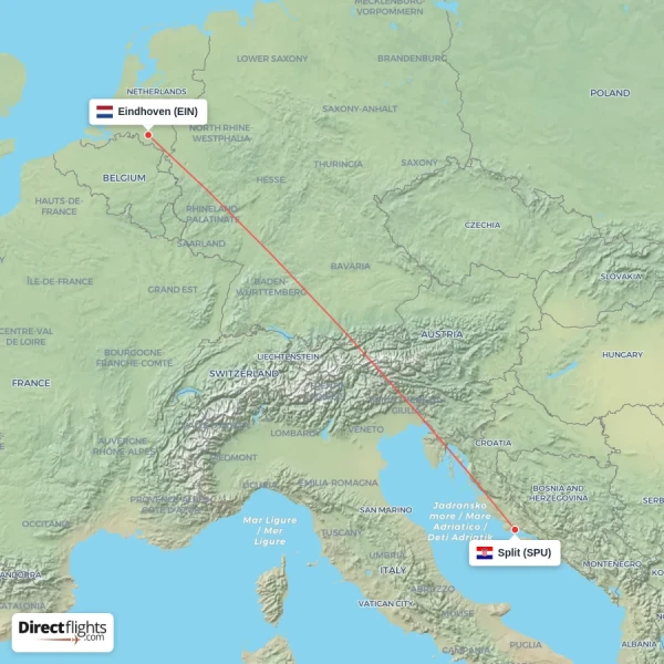 Split - Eindhoven direct flight map