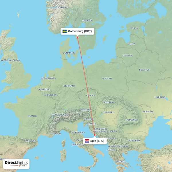 Split - Gothenburg direct flight map