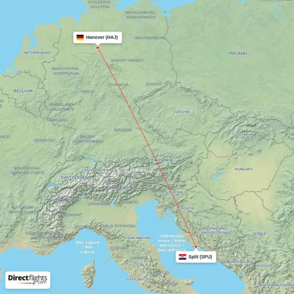 Split - Hanover direct flight map