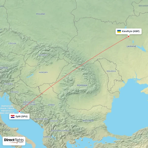Split - Kiev/Kyiv direct flight map