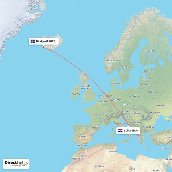 Split - Reykjavik direct flight map
