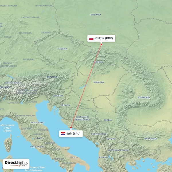 Split - Krakow direct flight map