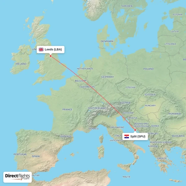 Split - Leeds direct flight map