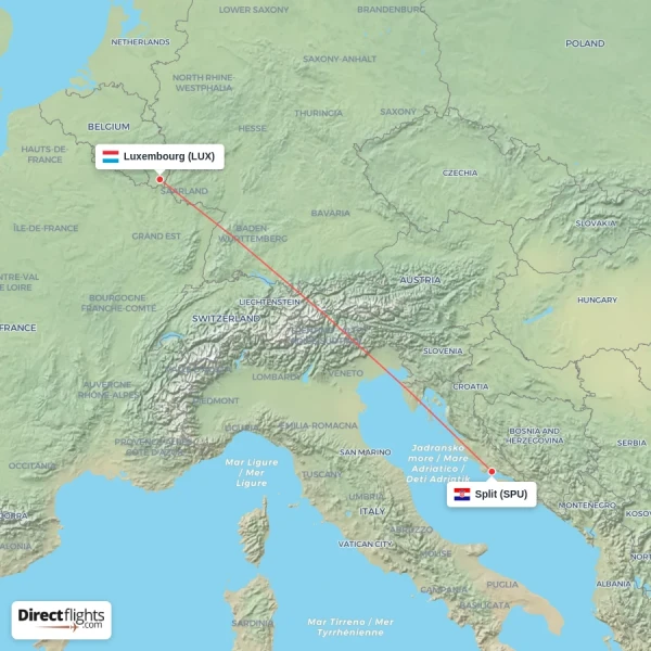 Split - Luxembourg direct flight map