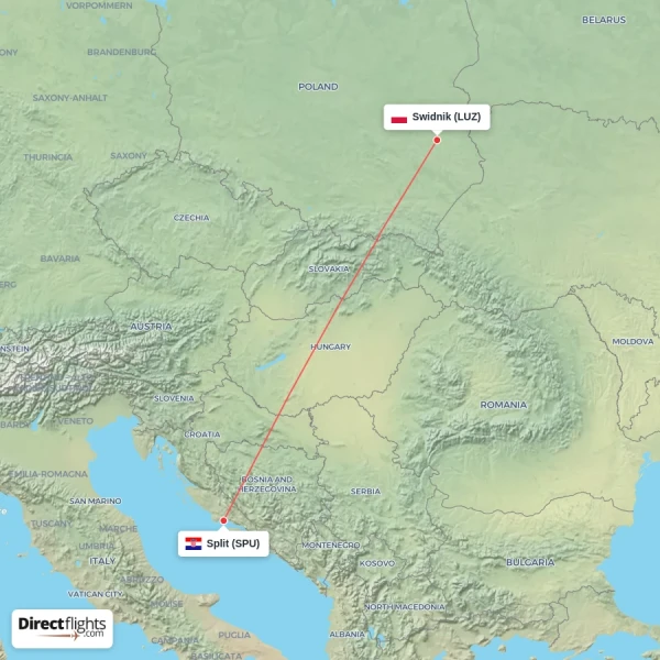 Split - Swidnik direct flight map