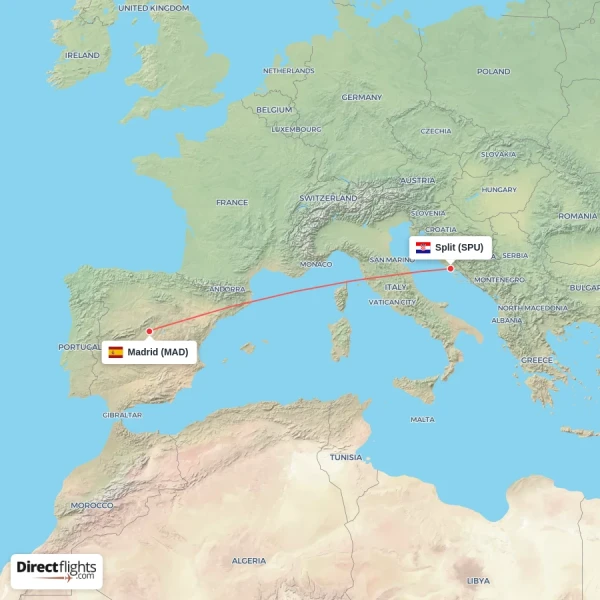 Split - Madrid direct flight map