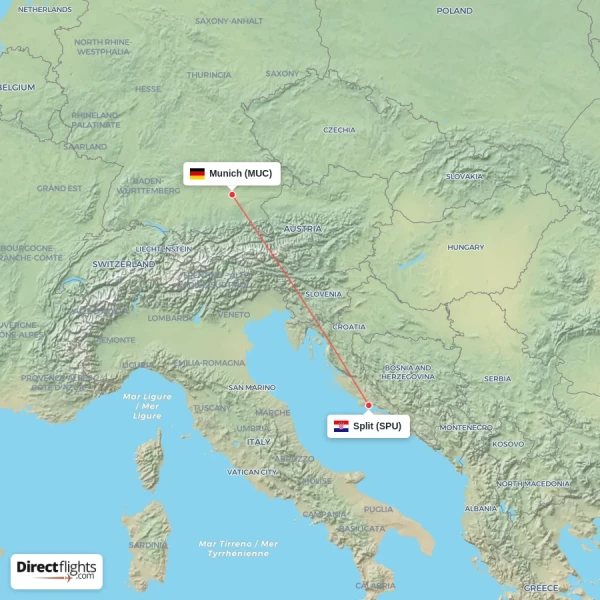 Split - Munich direct flight map