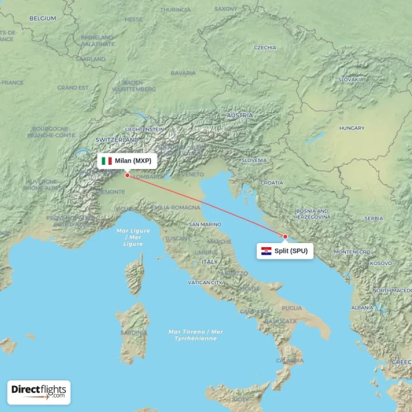 Split - Milan direct flight map