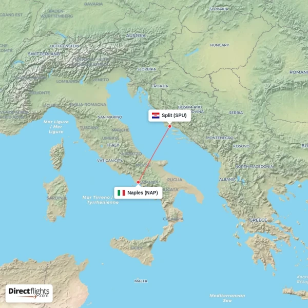 Split - Naples direct flight map