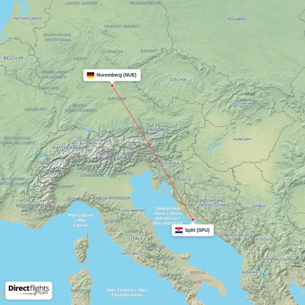 Split - Nuremberg direct flight map