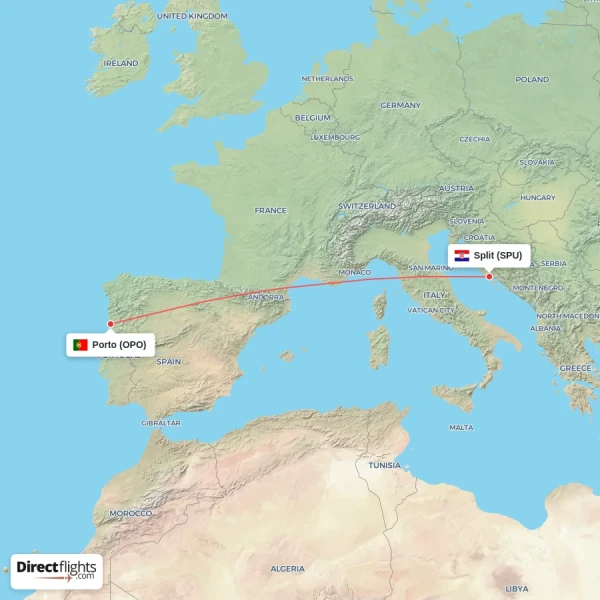 Split - Porto direct flight map