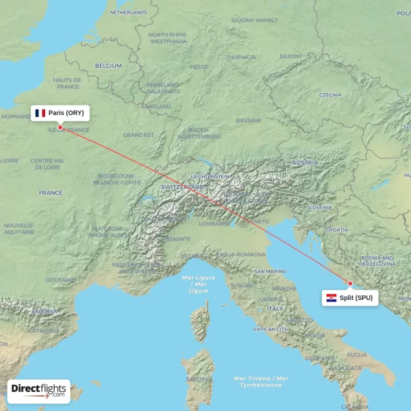 Split - Paris direct flight map