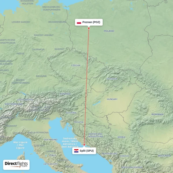 Split - Poznan direct flight map