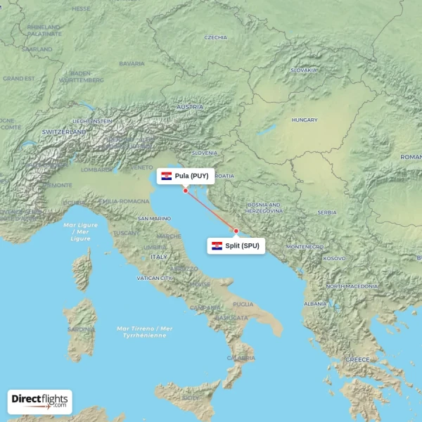 Split - Pula direct flight map