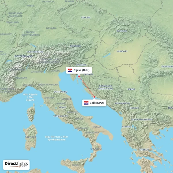 Split - Rijeka direct flight map