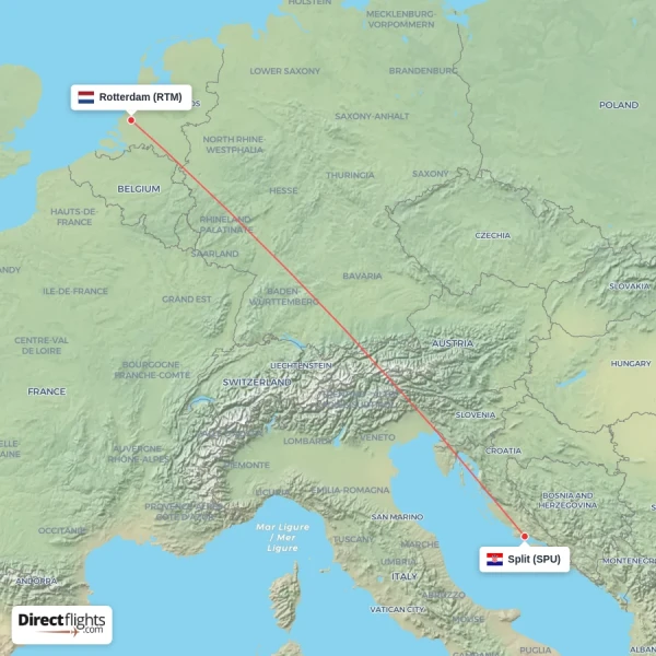 Split - Rotterdam direct flight map